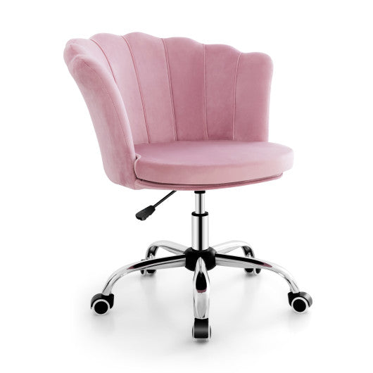 Adjustable Vanity Velvet Chair with Seashell Back and Wheels-Pink