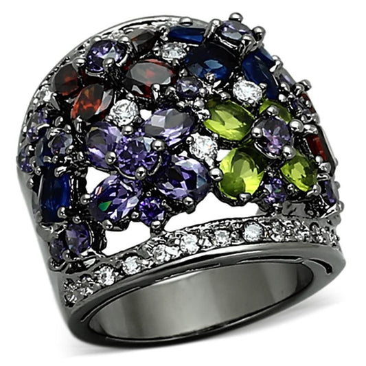 LOA884 - Ruthenium Brass Ring with AAA Grade CZ in Multi Color